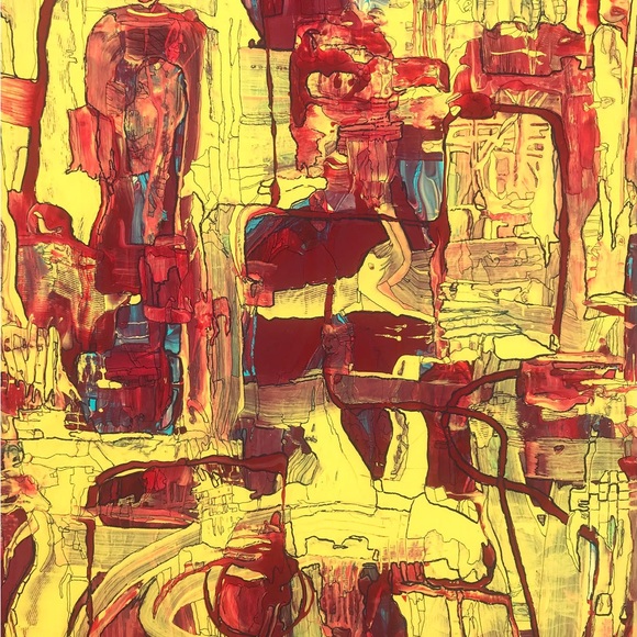 Prehistoric beings, yellow and red, medium size ancient ruins, civilization art - Picture 3 of 5